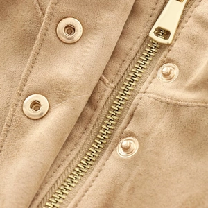 Short khaki faux suede biker jacket featuring golden metal zippers and snap button closure