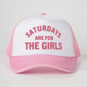 Detailed shot of pink and white trucker hat featuring Saturdays Are For The Girls print