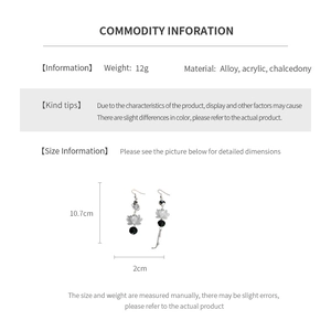 Detailed size chart for lotus drop earrings featuring alloy, acrylic and chalcedony materials