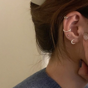 Minimalist 925 sterling silver ear cuff and heart zircon stud earrings on model