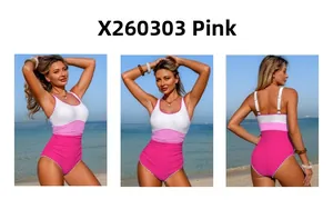 Vues détaillées du maillot de bain tricolore avec bordure festonnée et dos nu élégant