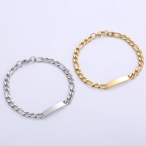 Gold and silver Figaro chain bracelets with blank ID bar for custom engraving