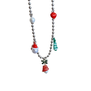 Christmas necklace with colorful enamel bell tree pendants and silver bead chain