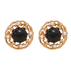 Boucles d'oreilles vintage en or avec pierre en résine noire et perles blanches
