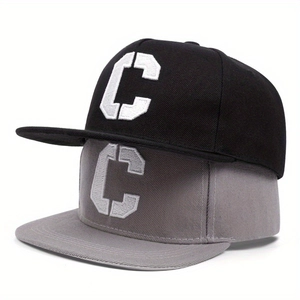 Detail of flat brim snapback caps in black and grey with 3D letter C embroidery
