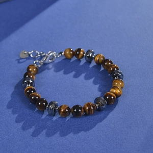 Tiger eye and hematite beaded bracelet with stainless steel lobster clasp and heart charm