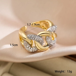Detail showing two-tone chain ring with rhinestones on silk, width 1.5cm, weight 13g