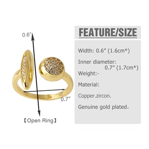 Detailed size chart showing width and inner diameter of gold plated zircon open ring