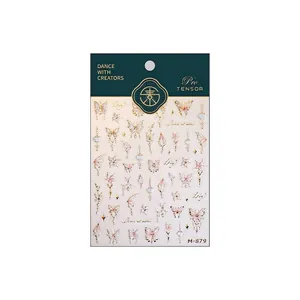 Elegant gold-foil butterfly nail art stickers M-879 with pink and blue gradient design