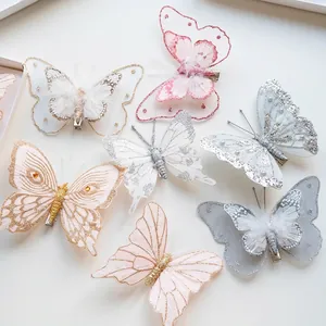 Glitter Butterfly Ornaments Christmas Tree Decorations Mesh Fabric Feather Hanging Decor For Holiday Party Festive Home