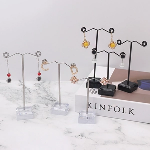 Three-piece metal and acrylic earring display stand set with steady square bases