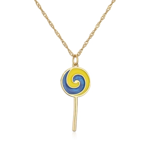 Gold-plated 18K necklace with yellow and blue spiral lollipop pendant on white background