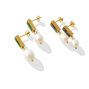 Baroque Freshwater Pearl Earrings Stainless Steel Zircon Rectangular Drop Earrings Elegant French Retro Style Jewelry