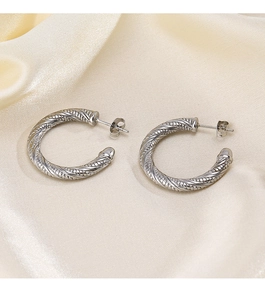 Close-up of twisted rope texture silver hoop earrings on soft beige silk fabric