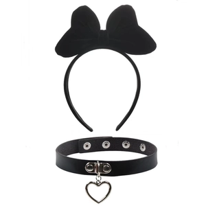Ensemble bandeau à nœud en velours noir et collier ras du cou en cuir pour Noël