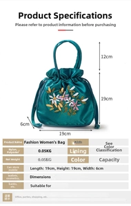 Detail of teal satin embroidery handbag showing dimensions 19x19x6cm and floral pattern