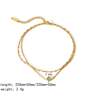 18k gold plated double layer stainless steel anklet with cubic zirconia stone and lobster clasp