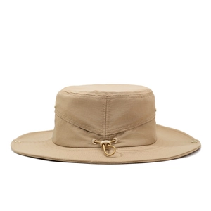 Unisex khaki outdoor hiking hat with wide brim and adjustable chin strap for sun protection
