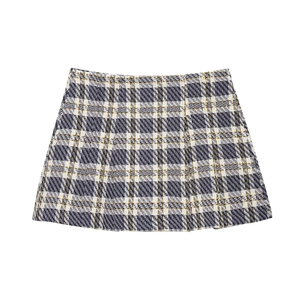 Ensemble jupe courte en tweed à carreaux bleus et jaunes sur fond blanc pour femmes