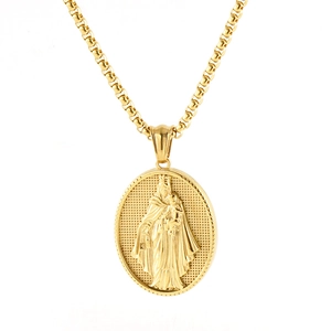 Collana Con Pendente Medaglione Vergine Maria Religiosa Acciaio Inossidabile Placcato Oro 18K Rilievo Catena Box Gioielli