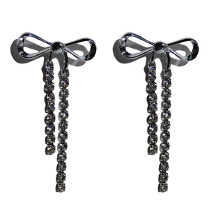 Elegant silver bow earrings with long rhinestone tassels and shimmering crystal fringe