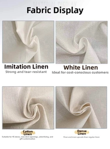 Detail view of four linen fabric types including faux linen, white, cotton, and dense weaves