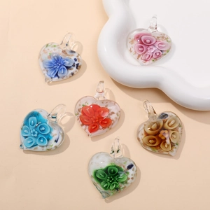 Handmade heart-shaped glass pendants with 3D floral inlay in six vibrant summer colors