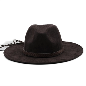 Classic dark brown wide brim suede fedora hat with a decorative woven band and drawstring