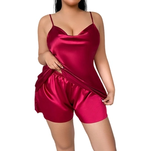 Women's plus size burgundy silk satin camisole and shorts loungewear set for home