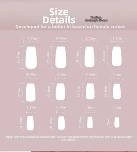 Size chart showing 12 dimensions for medium long square silver glitter gradient press-on nails