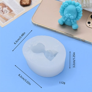 Lion silicone mold for candle making with dimensions and finished blue wax figure