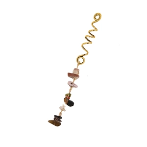 Close-up of golden spiral ear cuff featuring colorful natural stone bead charms