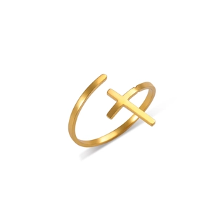 Minimalist gold stainless steel open cross ring with a modern polished finish for unisex