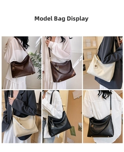 Detailed views of high-capacity leather Hobo bag in three colors with gold charms