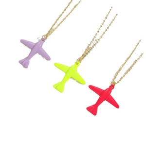 Three vibrant colorful airplane pendant necklaces on gold chains against white background