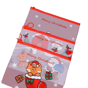 Three-piece transparent Christmas file bags with cartoon Santa and reindeer illustrations