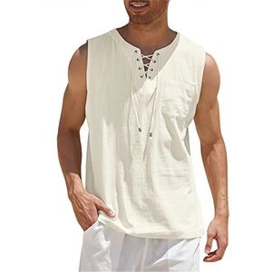 Detail of men's cotton linen sleeveless V-neck shirt with cross lacing and chest pocket