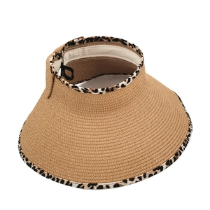Straw sun visor hat for women with leopard print trim and wide brim protection