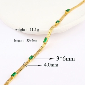 Detailed view of 18k gold snake chain necklace with green zircon stone and dimensions