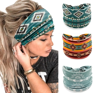 Detail showing elastic wide bohemian headbands with mandala and geometric prints