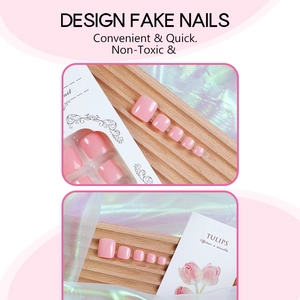 Pink press-on toenails set in packaging with a soft pearlescent background display