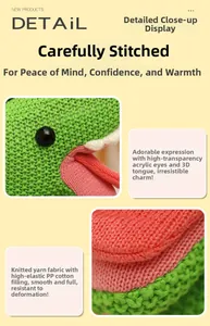 Detail of knitted green frog toy showing acrylic eyes and high-quality stitch texture