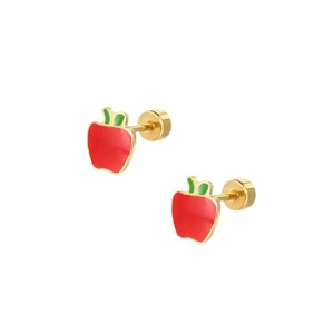 Pair of red apple stud earrings in gold stainless steel with secure screw back closure