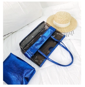 Detail view of a waterproof PVC tote bag set in grey and blue for summer beach vacations