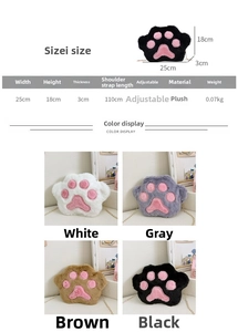 Size chart for mini plush bear paw bag showing dimensions 25x18x3cm and four colors