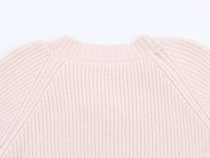 Detailed close-up of the ribbed crew neck and raglan sleeve seams on this knit sweater