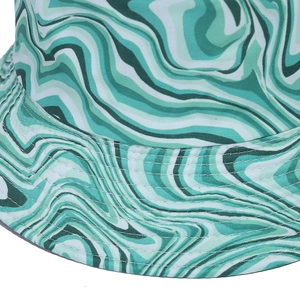 Detail of green marble tie-dye bucket hat featuring precise white stitching and canvas texture