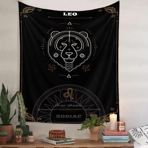 Close-up of Leo zodiac tapestry featuring golden lion motifs in a cozy home setting