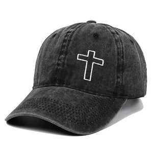 Vintage washed cotton baseball cap in dark grey with white cross embroidery on front