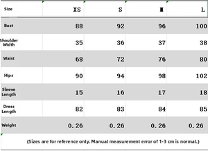 Size chart for plaid layered mini dress including chest, waist, and hip measurements in cm